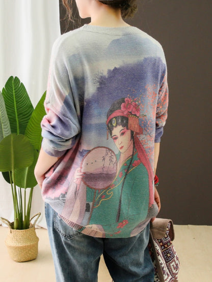 VINTAGE OPERA FIGURE PRINTED ROUND-NECK SWEATER