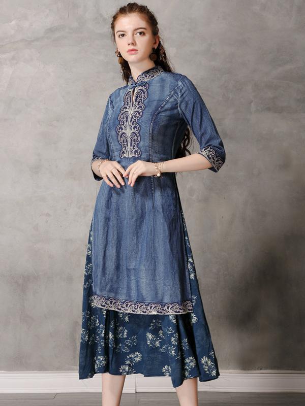 Retro Embroidered Split-joint Denim Dress