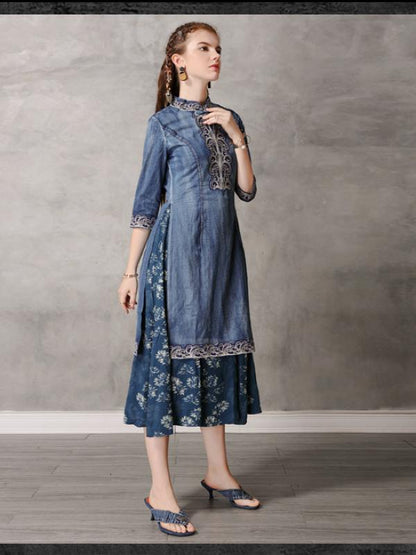 Retro Embroidered Split-joint Denim Dress
