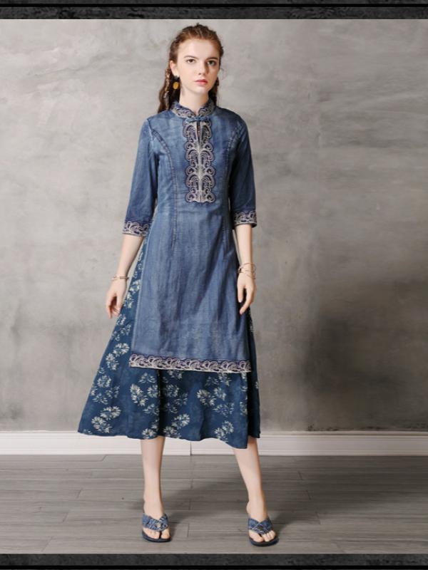 Retro Embroidered Split-joint Denim Dress