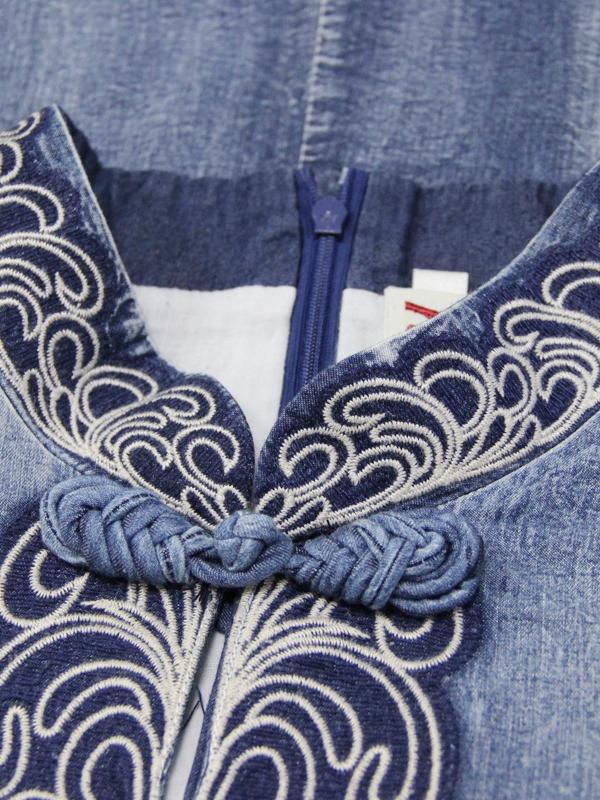 Retro Embroidered Split-joint Denim Dress