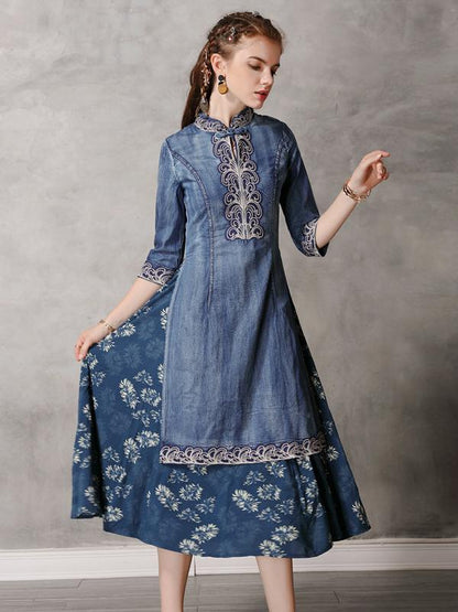Retro Embroidered Split-joint Denim Dress
