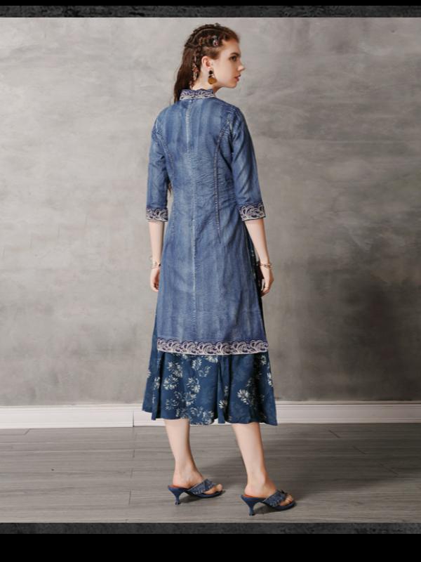Retro Embroidered Split-joint Denim Dress