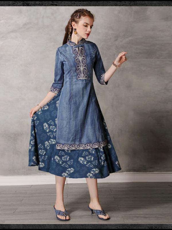 Retro Embroidered Split-joint Denim Dress