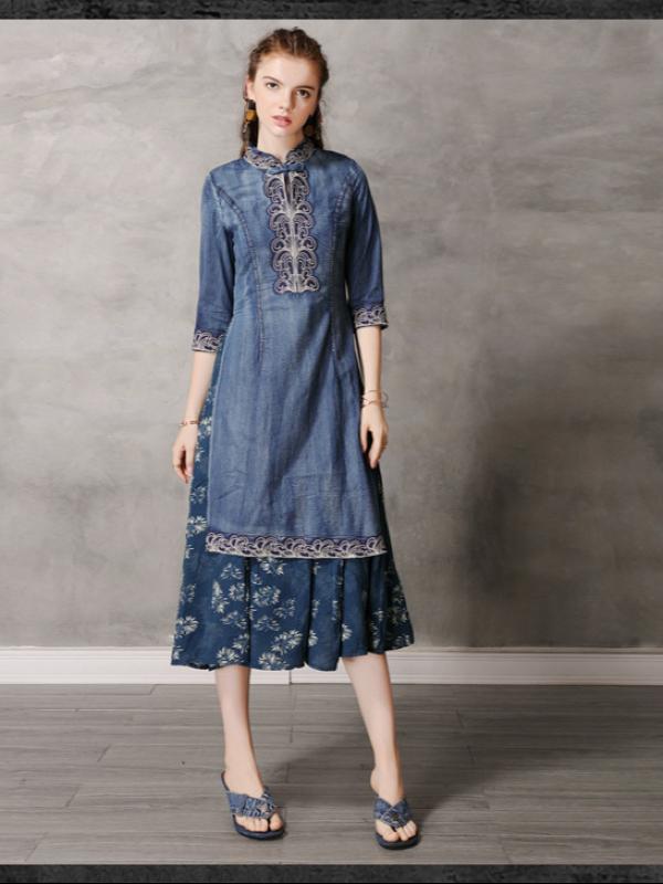 Retro Embroidered Split-joint Denim Dress
