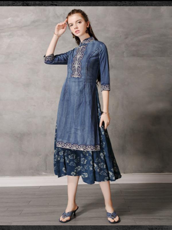 Retro Embroidered Split-joint Denim Dress