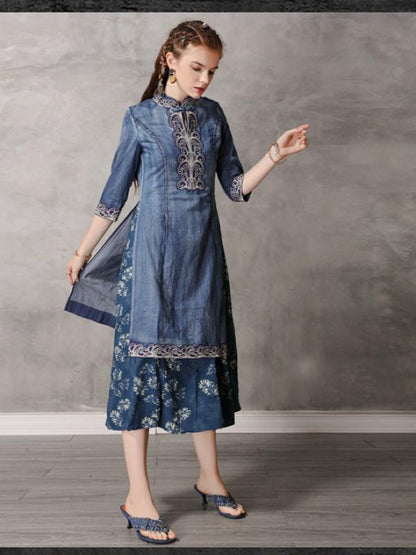 Retro Embroidered Split-joint Denim Dress