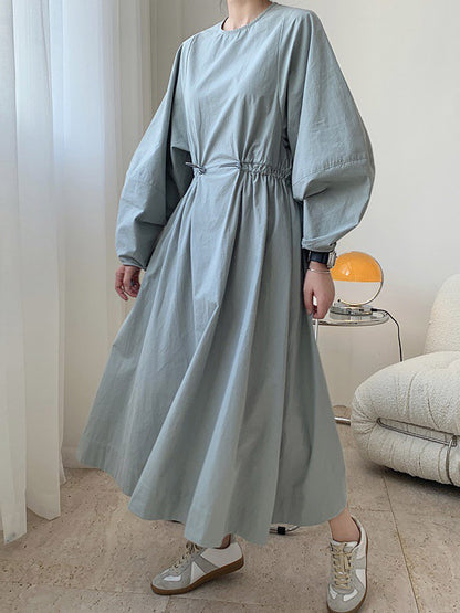 Simple Solid Color Round-Neck Pleated Long Sleeves Midi Dress