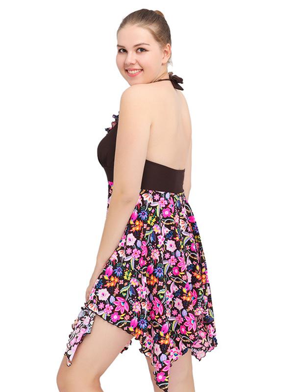 Halter-neck Floral Plus Size Skirt Swimwear