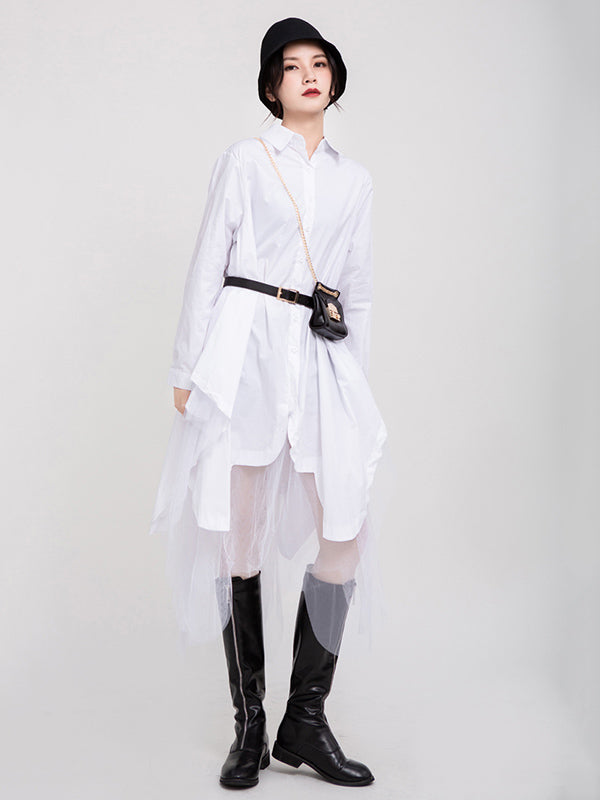 Urban Black&White Lapel Long Sleeves Shirt Dress