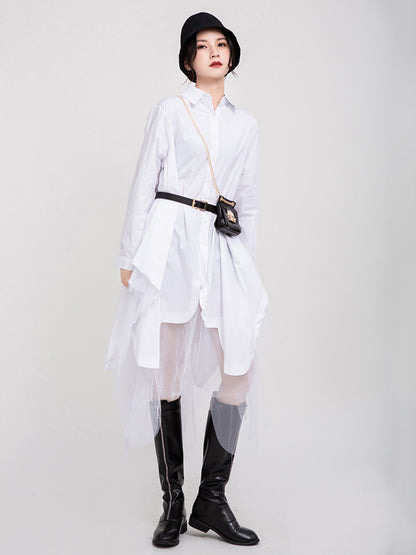 Urban Black&White Lapel Long Sleeves Shirt Dress