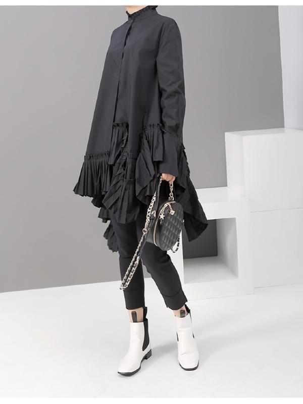 Plain Pleated Cropped Shirt Dress