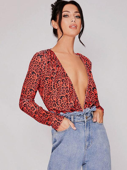 Fashion Deep V-neck Leopard Jumpsuits