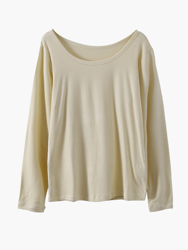 Casual Solid Color Long Sleeves Round-Neck T-Shirt Tops