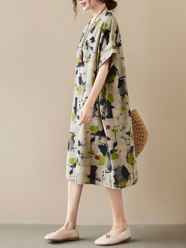 Artistic Retro Ramie Cotton Printed Round-Neck Half Sleeves Midi Dress