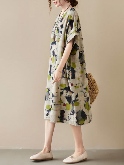 Artistic Retro Ramie Cotton Printed Round-Neck Half Sleeves Midi Dress