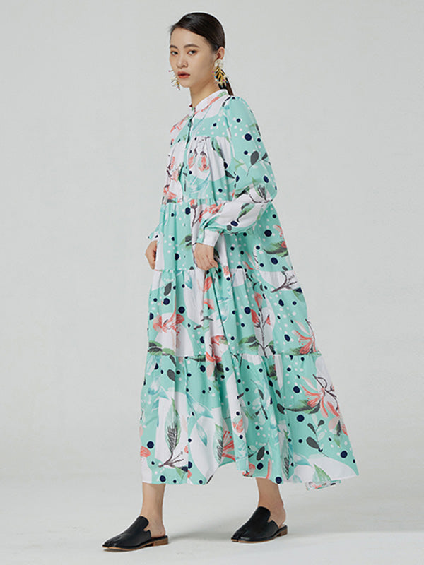 Stylish Buttoned Printed Loose Long Sleeves Midi Dress