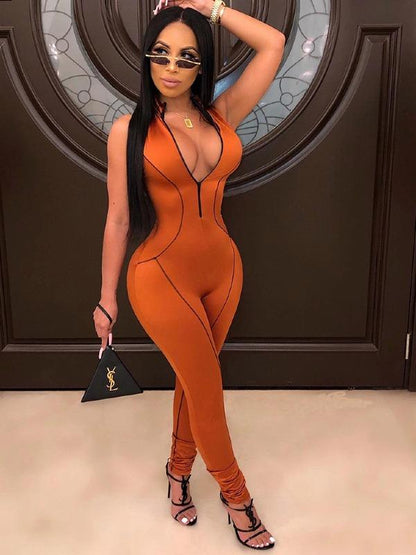 Solid High Waist Zipper Breathable Yoga&Gym Jumpsuits ACTIVE WEAR