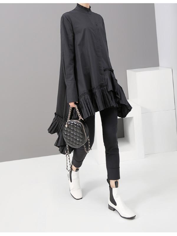 Plain Pleated Cropped Shirt Dress