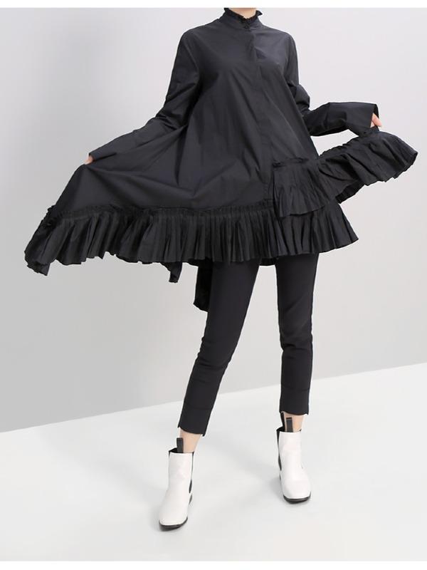 Plain Pleated Cropped Shirt Dress