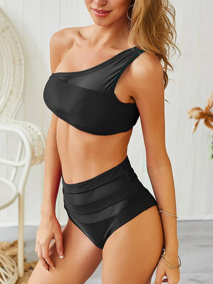 High Waisted Plain Bikini  One Shoulder Swimsuit