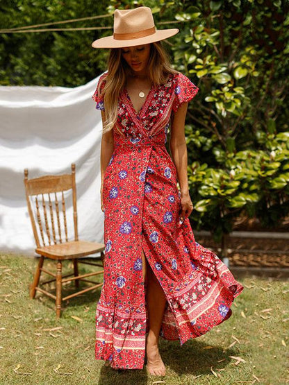 Bohemia V-neck Printed Beach Maxi Dresses