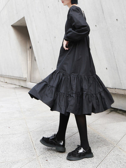 SOLID RUFFLED CROPPED DRAWSTRING HEMLINE MIDI DRESS