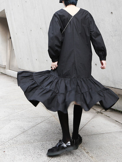 SOLID RUFFLED CROPPED DRAWSTRING HEMLINE MIDI DRESS