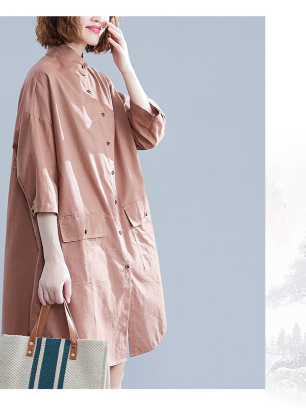Loose Ramie Cotton Stand Collar Shirt Dress