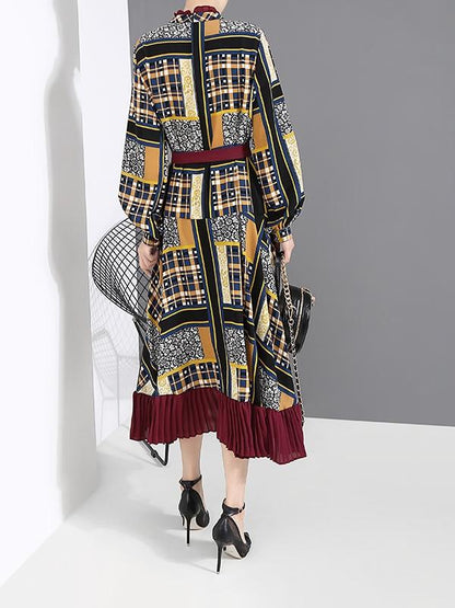 Vintage Printed Bandage Pleated Midi Dress