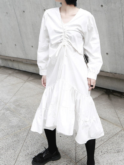SOLID RUFFLED CROPPED DRAWSTRING HEMLINE MIDI DRESS