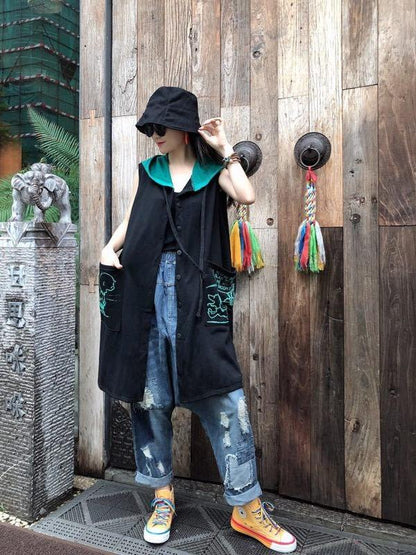 Retro Cartoon Print Sleeveless Hooded Vest Coat