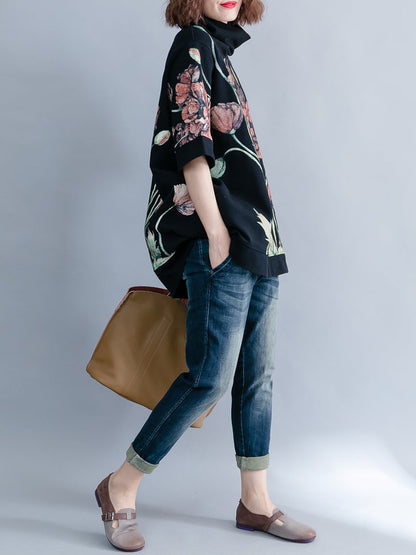 CASUAL FLORAL PRINTED HIGH-NECK SWEATSHIRT