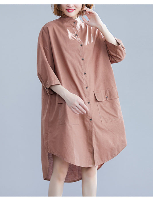 Loose Ramie Cotton Stand Collar Shirt Dress