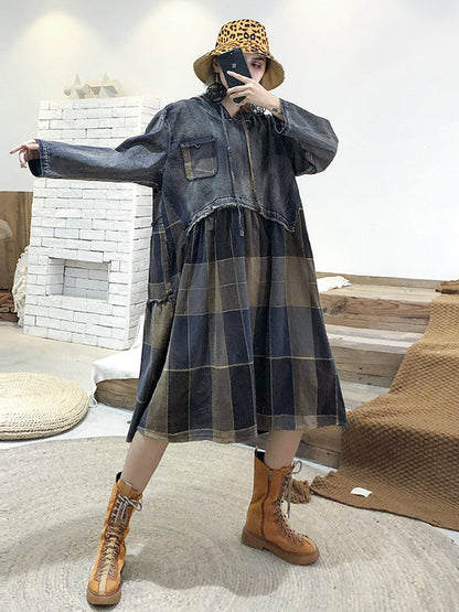 VINTAGE PLAID SPLIT-JOINT HOODIE MIDI DRESS