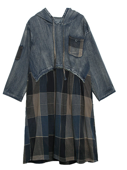 VINTAGE PLAID SPLIT-JOINT HOODIE MIDI DRESS