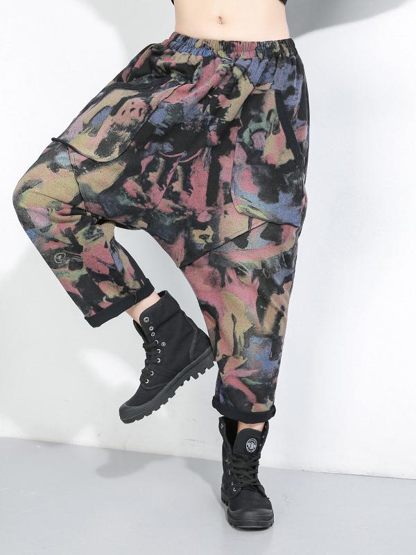 DROP-CROTCH ELASTIC WAIST CASUAL HAREM PANTS