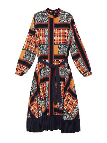 Vintage Printed Bandage Pleated Midi Dress