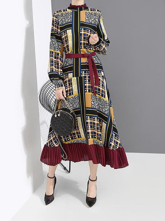 Vintage Printed Bandage Pleated Midi Dress