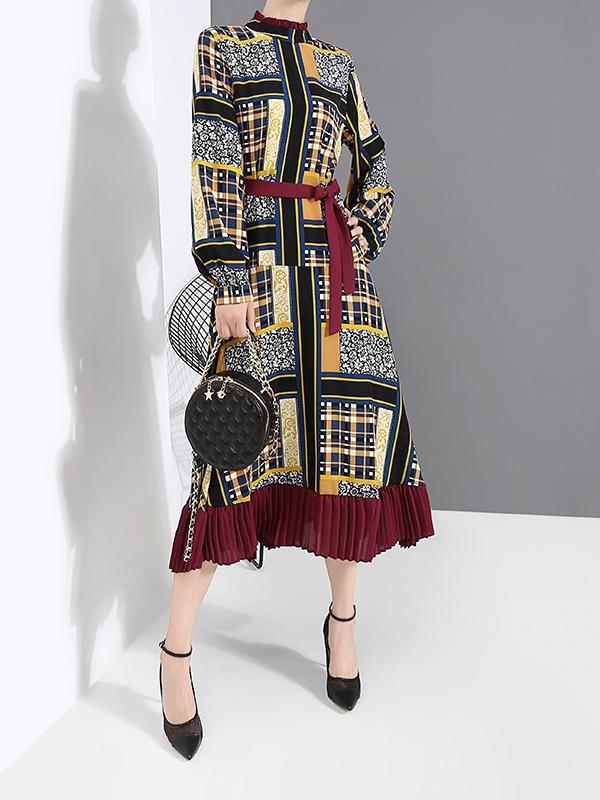 Vintage Printed Bandage Pleated Midi Dress
