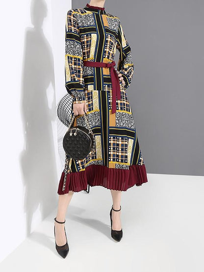 Vintage Printed Bandage Pleated Midi Dress