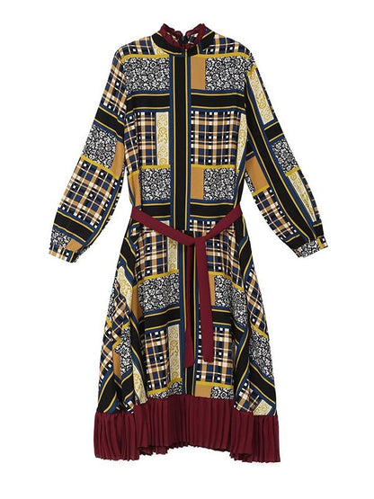 Vintage Printed Bandage Pleated Midi Dress