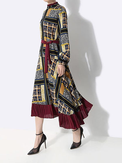 Vintage Printed Bandage Pleated Midi Dress