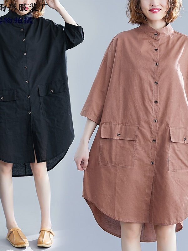 Loose Ramie Cotton Stand Collar Shirt Dress