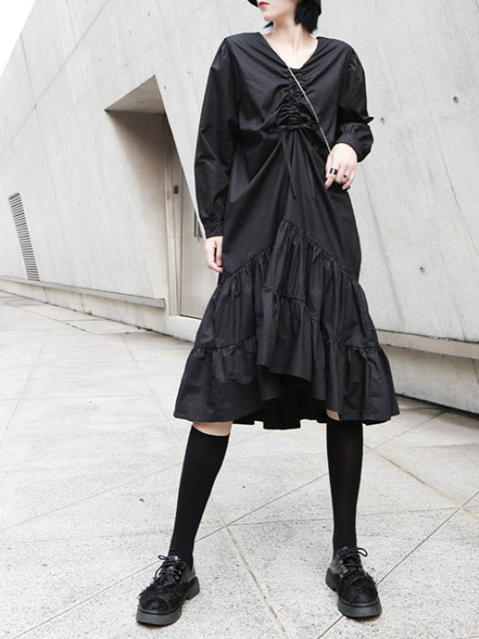 SOLID RUFFLED CROPPED DRAWSTRING HEMLINE MIDI DRESS