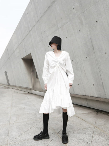 SOLID RUFFLED CROPPED DRAWSTRING HEMLINE MIDI DRESS