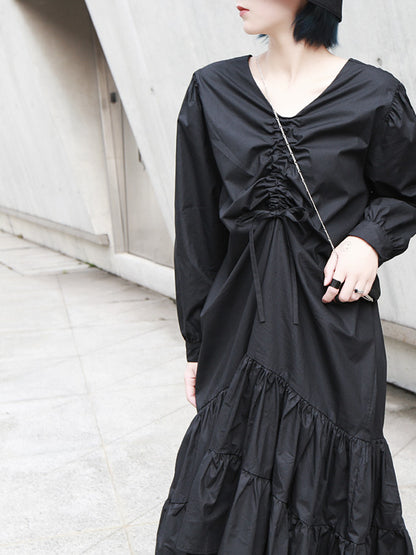 SOLID RUFFLED CROPPED DRAWSTRING HEMLINE MIDI DRESS