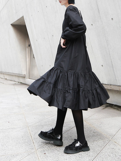 SOLID RUFFLED CROPPED DRAWSTRING HEMLINE MIDI DRESS