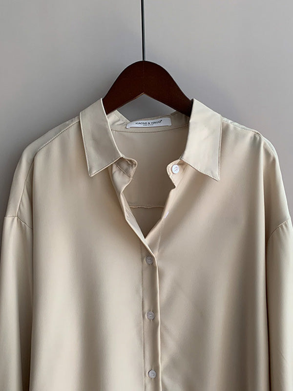 Simple Solid Color Buttoned Lapel Long Sleeves Blouse Tops