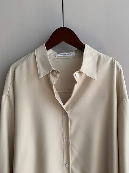 Simple Solid Color Buttoned Lapel Long Sleeves Blouse Tops
